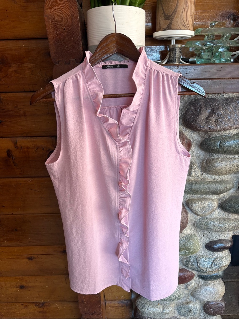 Sleeveless Ruffle-Front Blouse in Soft Pink